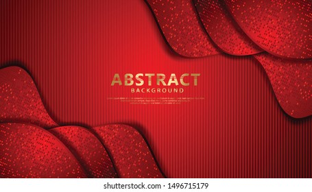 Wave abstract overlap layer on black stripes pattern background. Texture with gold, and red glitters dots element decoration.