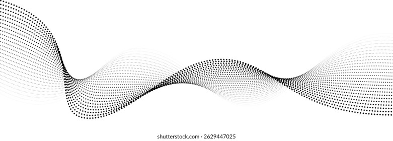 Wave abstract pattern. Flow of black curved dotted line vector illustration isolated on white background. Dynamic shiny swirl backdrop. Digital, technology, ai, music, modern design element.
