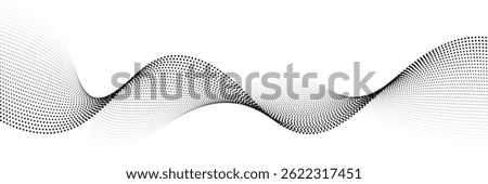 Wave abstract pattern. Flow of black curved dotted line vector illustration isolated on white background. Dynamic shiny swirl backdrop. Digital, technology, ai, music, modern design element.