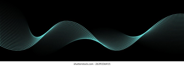 Wave abstract pattern. Flow of blue curved dotted line vector illustration isolated on black background. Dynamic shiny swirl backdrop. Digital, technology, ai, music, modern design element.