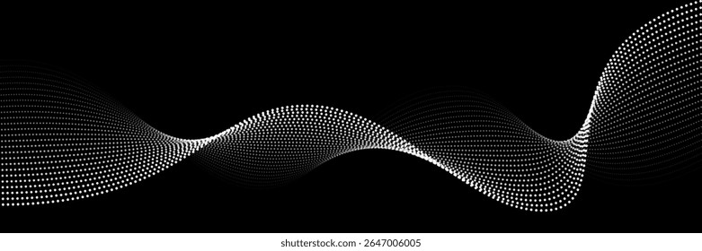 Wave abstract pattern. Flow of white curved dotted line vector illustration isolated on black background. Dynamic shiny swirl backdrop. Digital, technology, ai, music, modern design element.