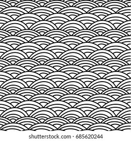 Wave abstract vector seamless pattern. Black and white background