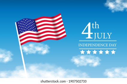 wave American flag on the blue sky background for 4th july american independent day banner template