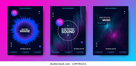 Wave Amplitude of Sound. Electronic Music Poster with Distorted Rounds and Wave Dotted Lines. Futuristic Flyer Concept for Dance Event. Vector Equalizer Design for Banner, Brochure. Movement of Dots.