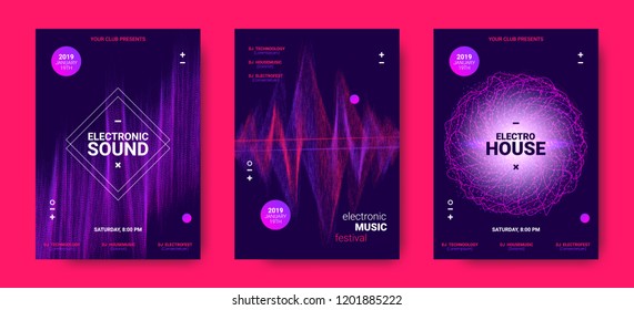 Wave Amplitude of Sound. Electronic Music Poster with Distorted Rounds and Wave Dotted Lines. Futuristic Flyer Concept for Dance Event. Vector Equalizer Design for Banner, Brochure. Movement of Dots.