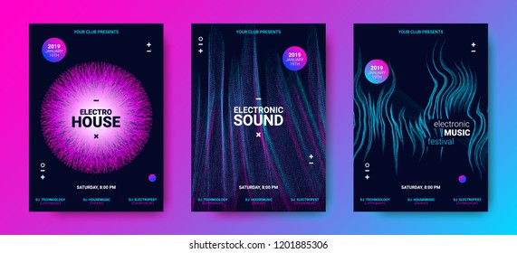 Wave Amplitude of Sound. Electronic Music Poster with Distorted Rounds and Wave Dotted Lines. Futuristic Flyer Concept for Dance Event. Vector Equalizer Design for Banner, Brochure. Movement of Dots.