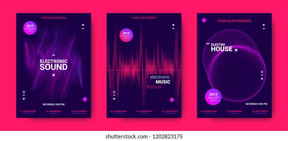 Wave Amplitude of Sound. Electronic Music Poster with Distorted Rounds and Wave Dotted Lines. Futuristic Flyer Concept for Dance Event. Vector Equalizer Design for Banner, Brochure. Movement of Dots.