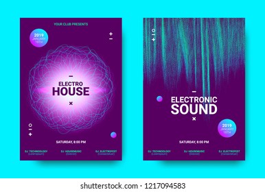 Wave Amplitude of Sound. Electronic Music Poster with Distorted Rounds and Wave Dotted Lines. Futuristic Flyer Concept for Dance Event. Vector Equalizer Design for Banner, Brochure. Movement of Dots.