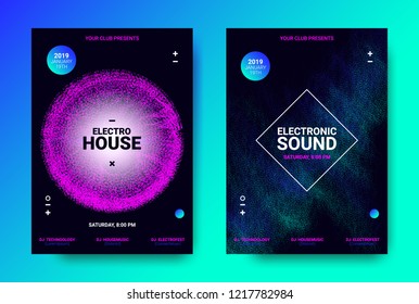 Wave Amplitude of Sound. Electronic Music Poster with Distorted Rounds and Wave Dotted Lines. Futuristic Flyer Concept for Dance Event. Vector Equalizer Design for Banner, Brochure. Movement of Dots.
