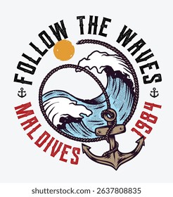Wave Anchor Vector Design Nautical Badge Illustration for Logo, T-shirt Design and Others