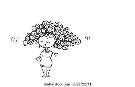 Wave away angry woman doodle, Curly hair, standing stubborn with differ in opinion and closed eyes, Disagreeing girl simple cartoon style linear sketch vector illustration