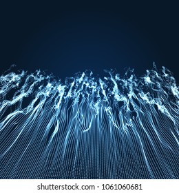 Wellenhintergrund. Rippelgitter. Abstrakte Vektorgrafik. 3D-Technologie-Stil. Illustration mit Punkten. Netzdesign mit Partikel. 