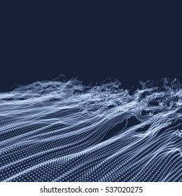 Fondo ondulado. Cuadrícula de ondas. Ilustración de vectores abstractos. Estilo De Tecnología 3D. Ilustración con puntos. Diseño de red con partícula. 