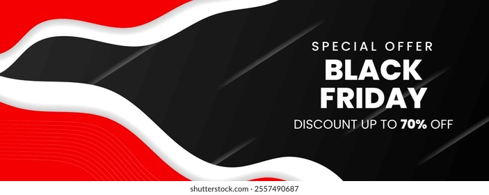 Wave black friday 70% red and white design for advertising, banners on black  background