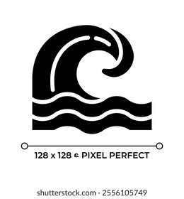 Wave black glyph icon. Symbolizing ocean tides, currents. Coastal and marine environments. Tsunami. Natural disaster. Silhouette symbol on white space. Solid pictogram. Vector isolated illustration