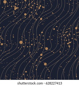 Wave black and golden seamless pattern. Thin vertical stripes, gold splashes. Vector illustration.
