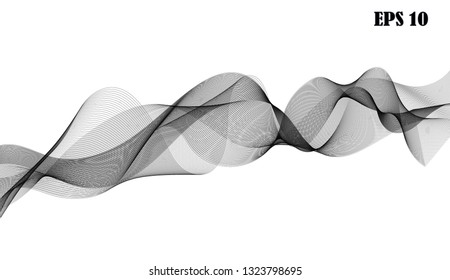Wave of the black lines. Abstract wavy stripes on transparent background.