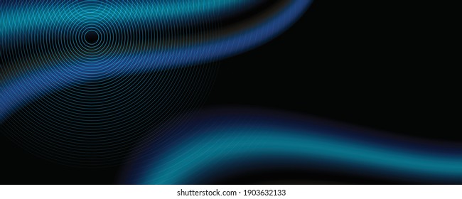 Wave blue background with circle stripes line. Neon glowing fluid wave lines, magic energy space light concept, abstract background wallpaper design