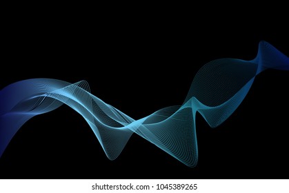 Wave of the blue colored lines. Abstract wavy stripes on black background. High resolution.