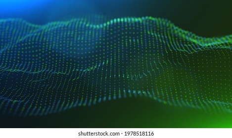 Wave of blue and green particles. Abstract technology flow background. Sound mesh pattern or grid landscape. Digital data structure consist dot elements. Future vector illustration.