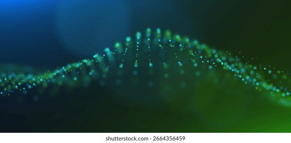 Welle von blauen und grünen Teilchen. Abstrakte Technologie fließen Hintergrund. Gittermuster oder Gitterquerschnitt. Die digitale Datenstruktur besteht aus Punktelementen. Zukünftige Vektorgrafik.