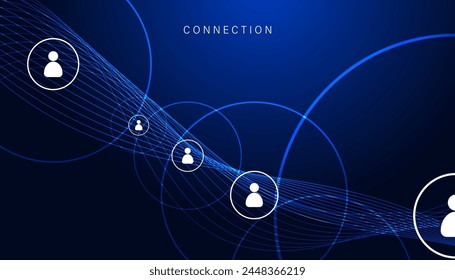 Wave blue Network connection, digital hi-tech digital internet communication, technology on global background and people icons on modern background.	