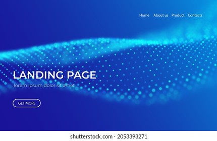 Wave of blue particles. Abstract landing page technology background. Sound mesh pattern or grid landscape. Digital data structure consist dot elements. Future vector illustration.