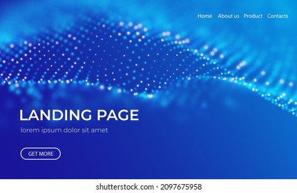 Wave of blue particles. Abstract landing page technology background. Sound mesh pattern or grid landscape. Digital data structure consist dot elements. Future vector illustration.
