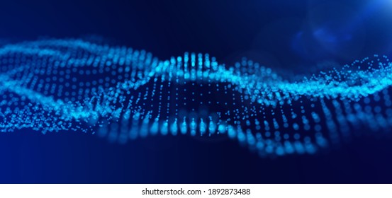 Welle von blauen Teilchen. Abstrakter Technologiestrom-Hintergrund. Klang-Maschenmuster oder Gitterlandschaft. Digitale Datenstruktur besteht aus Punktelementen. Künftige Vektorgrafik.