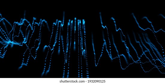 Wave of blue particles. Abstract technology flow background. Sound mesh pattern or grid landscape. Digital data structure consist dot elements. Future vector illustration.