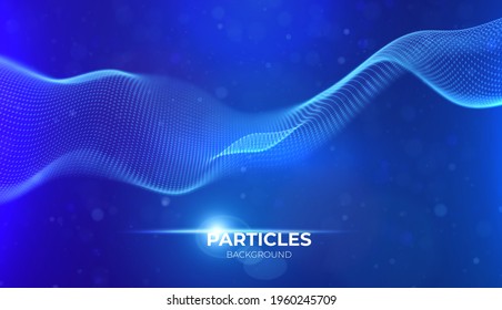 Wave of blue particles. Abstract technology flow background. Sound mesh pattern or grid landscape. Digital data structure consist dot elements. Future vector illustration.