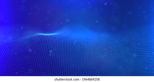 Wave of blue particles. Abstract technology flow background. Sound mesh pattern or grid landscape. Digital data structure consist dot elements. Future vector illustration.