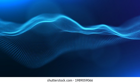 Wave of blue particles. Abstract technology flow background. Sound mesh pattern or grid landscape. Digital data structure consist dot elements. Future vector illustration.