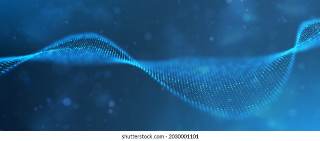 Wave Of Blue Particles. Abstract Technology Flow Background. Sound Mesh Pattern Or Grid Landscape. Digital Data Structure Consist Dot Elements. Future Vector Illustration.