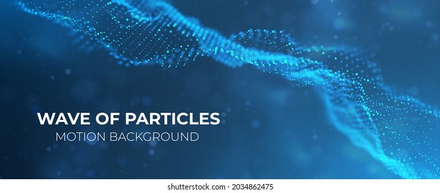 Wave of blue particles. Abstract technology flow background. Sound mesh pattern or grid landscape. Digital data structure consist dot elements. Future vector illustration.