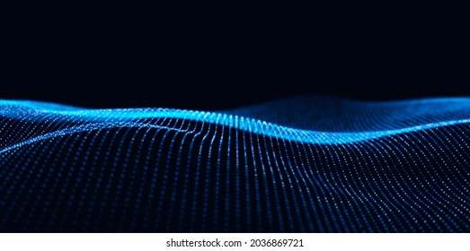 Wave of blue particles. Abstract technology flow background. Sound mesh pattern or grid landscape. Digital data structure consist dot elements. Future vector illustration.