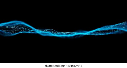 Wave of blue particles. Abstract technology flow background. Sound mesh pattern or grid landscape. Digital data structure consist dot elements. Future vector illustration.