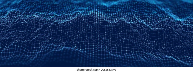 Wave of blue particles. Abstract technology flow background. Sound mesh pattern or grid landscape. Digital data structure consist dot elements. Future vector illustration.
