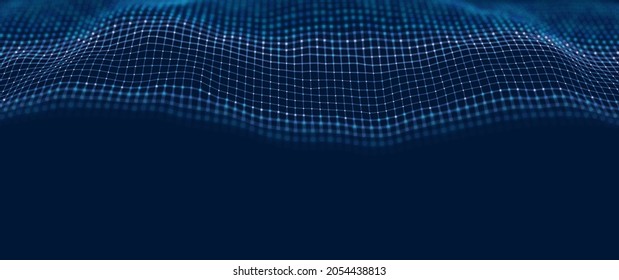 Wave of blue particles. Abstract technology flow background. Sound mesh pattern or grid landscape. Digital data structure consist dot elements. Future vector illustration.