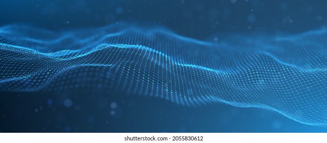 Wave of blue particles. Abstract technology flow background. Sound mesh pattern or grid landscape. Digital data structure consist dot elements. Future vector illustration.