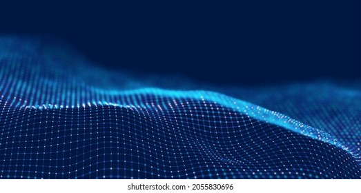 Ola de partículas azules. Resumen del fondo de flujo de tecnología. Patrón de malla sonora o paisaje de rejilla. La estructura de datos digitales consiste en elementos de punto. Ilustración vectorial futura.