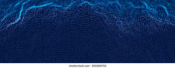 Wave of blue particles. Abstract technology flow background. Sound mesh pattern or grid landscape. Digital data structure consist dot elements. Future vector illustration.
