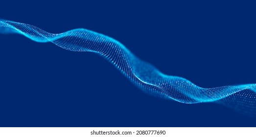 Ola de partículas azules. Resumen del fondo de flujo de tecnología. Patrón de malla sonora o paisaje de rejilla. La estructura de datos digitales consiste en elementos de punto. Ilustración vectorial futura.