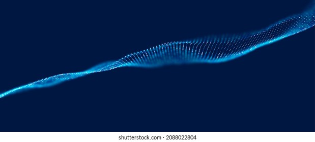 Wave of blue particles. Abstract technology flow background. Sound mesh pattern or grid landscape. Digital data structure consist dot elements. Future vector illustration.