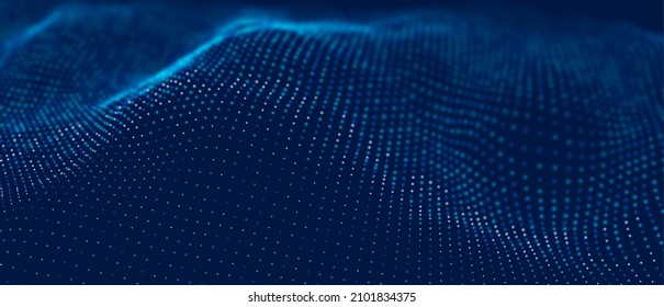 Ola de partículas azules. Resumen del fondo de flujo de tecnología. Patrón de malla sonora o paisaje de rejilla. La estructura de datos digitales consiste en elementos de punto. Ilustración vectorial futura.