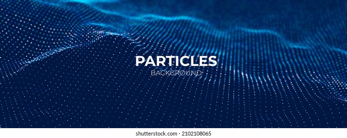 Wave of blue particles. Abstract technology flow background. Sound mesh pattern or grid landscape. Digital data structure consist dot elements. Future vector illustration.