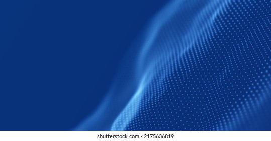 Wave of blue particles. Abstract technology flow background. Sound mesh pattern or grid landscape. Digital data structure consist dot elements. Future vector illustration.