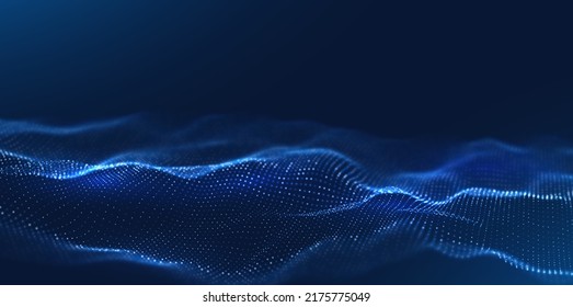 Wave of blue particles. Abstract technology flow background. Sound mesh pattern or grid landscape. Digital data structure consist dot elements. Future vector illustration.