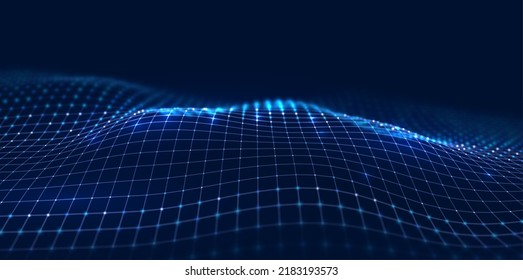 Wave of blue particles. Abstract technology flow background. Sound mesh pattern or grid landscape. Digital data structure consist dot elements. Future vector illustration.