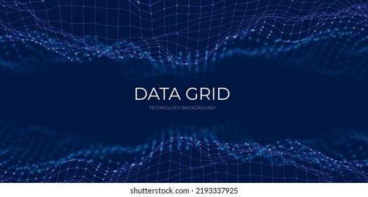 Ola de partículas azules. Resumen del fondo de flujo de tecnología. Patrón de malla sonora o paisaje de rejilla. La estructura de datos digitales consiste en elementos de punto. Ilustración vectorial futura.